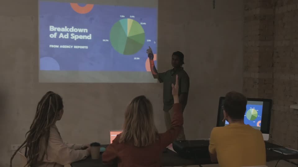 Team reviewing an advertising spend presentation