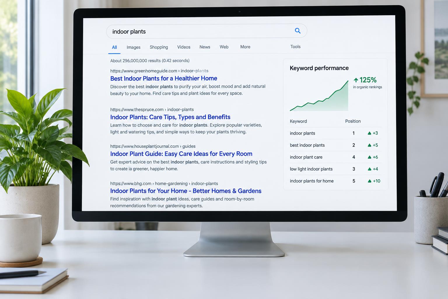 Illustrative search results and keyword ranking interface