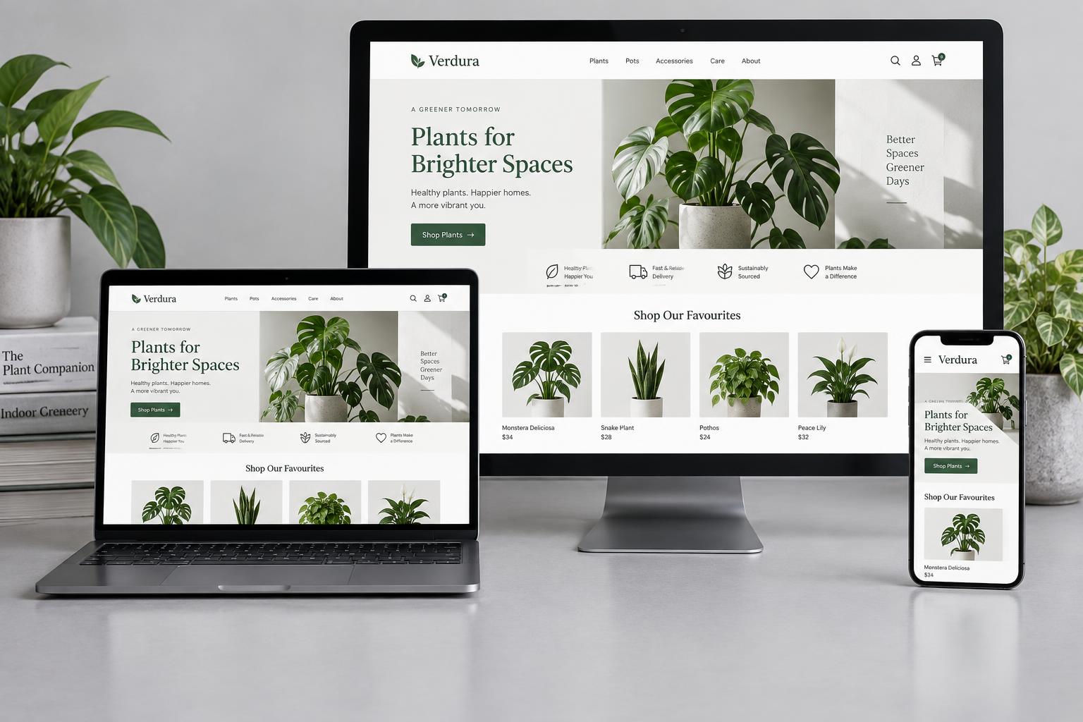 Illustrative responsive website UI on a desktop monitor, laptop and mobile phone